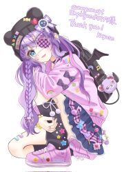  1girl backpack bag black_bag black_hat black_leg_warmers blue_eyes blue_skirt bow braid eyepatch floral_print hair_bow hat hat_ornament heart heart_hat_ornament highres indie_virtual_youtuber kayase_(xxx35e45636) leg_warmers long_hair looking_at_viewer multicolored_hair musical_note_ornament on_one_knee pink_shoes pink_sweater purple_bow purple_hair purple_nails rachie_(utaite) rainbow_print shoes skirt star_ornament streaked_hair sweater virtual_youtuber white_background 
