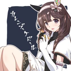 1girl animal_ears asymmetrical_gloves black_sweater blush braid braided_sidelocks breasts brown_hair commentary_request curren_bouquetd'or_(racing)_(umamusume) curren_bouquetd'or_(umamusume) dress ear_covers elbow_gloves flower gloves grey_eyes hair_between_eyes hair_ornament hairband highres holding holding_flower horse_ears horse_girl long_braid long_hair looking_at_viewer low_twin_braids mismatched_ear_covers mismatched_gloves multicolored_hair open_mouth panch4989new sidelocks solo streaked_hair sweater twin_braids umamusume white_dress white_streaks 