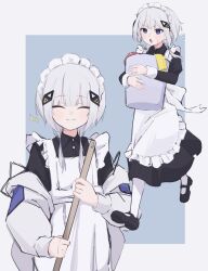  1girl absurdres apron black_dress black_shoes bucket cevio closed_eyes closed_mouth coat collared_dress dress enmaided flying_sweatdrops grey_hair hair_ornament hair_tubes highres holding holding_bucket kafu_(cevio) light_blush long_sleeves maid maid_apron maid_headdress multiple_views off_shoulder open_mouth pantyhose saka_(sa_ka) shoes sparkle sweat walking white_coat white_pantyhose 