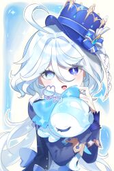  1girl :d absurdres ahoge beaded_eyelashes blue_eyes blue_gem blue_hair blue_hat blue_jacket blue_pupils blue_ribbon blush bubble commentary cowboy_shot drop-shaped_pupils eyelash_ornament foxymyona furina_(genshin_impact) gem genshin_impact hat hat_ribbon heterochromia highres jacket long_hair long_sleeves looking_at_viewer multicolored_hair open_mouth ribbon signature smile solo streaked_hair surintendante_chevalmarin symbol-shaped_pupils very_long_hair white_hair 
