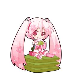  1girl :t bare_shoulders black_outline blush boots cherry chibi chibi_only detached_sleeves eating floral_print food fruit full_body game_asset hair_between_eyes hair_ornament hatsune_miku hatsune_miku_graphy_collection headset holding holding_food long_hair looking_at_viewer mochi necktie outline pink_boots pink_eyes pink_hair pink_necktie pink_skirt pink_sleeves pleated_skirt sakura_miku sakura_mochi shirt sitting_on_pillow skirt smile solo standing thigh_boots tie_clip transparent_background twintails v-shaped_eyebrows very_long_hair vocaloid wagashi white_shirt 