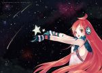  ahoge earmuffs enphi fur_collar gloves headphones miki_(vocaloid) night_sky open_mouth red_eyes redhead robot_joints shooting_star space spread_arms star stars very_long_hair vocaloid wrist_cuffs 