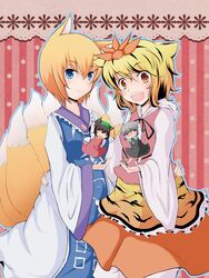  animal_ears black_hair blonde_hair blue_eyes blush brown_hair cat_ears cat_tail chen chibi daigorou fox_ears fox_tail grey_hair highres minigirl mouse mouse_ears mouse_tail multicolored_hair multiple_girls nazrin ribbon tail tiger_print toramaru_shou touhou two-tone_hair yakumo_ran 