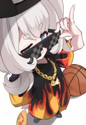  absurdres backwards_hat ball basketball_(object) black_hat black_shirt blonde_hair blue_eyes chain corn_dog deal_with_it_(meme) flame_print glasses hat highres looking_at_viewer marimari_(vtuber) meme phase_connect sanaerin shirt short_eyebrows side_ponytail sunglasses virtual_youtuber 
