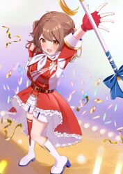  1girl absurdres arm_up blue_ribbon boots brown_hair commentary_request fingerless_gloves full_body gakuen_idolmaster gloves hanami_ume highres idolmaster karasu_mame looking_at_viewer orange_eyes red_gloves red_thighhighs ribbon single_thighhigh smile solo thigh-highs three-quarter_sleeves wand white_boots 