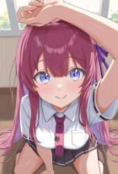  1girl absurdres arm_above_head arm_up black_skirt blue_eyes blush brown_socks chaos_zero_nightmare closed_mouth collared_shirt colored_inner_hair commentary_request diamond-shaped_pupils diamond_(shape) fingernails from_above hair_ribbon highres indoors konnzyou long_hair looking_at_viewer multicolored_hair necktie on_floor purple_hair purple_necktie purple_ribbon red_hair rei_(chaos_zero_nightmare) ribbon shirt short_sleeves sitting skirt socks solo symbol-shaped_pupils two-tone_hair wariza white_shirt window 