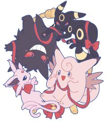  black_fur bow clefable colored_sclera espeon forehead_jewel forked_tail gem gengar ghost grin highres no_humans open_mouth pokemon pokemon_(creature) pokemon_focus purple_fur red_bow red_gem red_sclera shy_(ribboneels) smile tail teeth umbreon white_background 