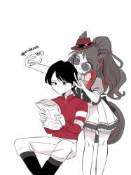  1boy 1girl :d animal_ears black_boots black_hair book boots cellphone ears_through_headwear fedora forever_young_(umamusume) greyscale hat highres holding holding_book holding_phone horse_ears horse_girl long_hair monochrome pants phone pleated_skirt ponytail poteo_(poteo_mot) puffy_short_sleeves puffy_sleeves racing_colors reading real_life sailor_collar sailor_shirt sakai_ryusei school_uniform selfie shirt short_hair short_sleeves simple_background skirt smartphone smile spot_color sunglasses thigh-highs tracen_school_uniform twitter_username umamusume v white_background white_pants white_skirt white_thighhighs 