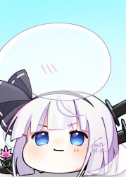  1girl black_hairband blue_background blue_eyes blush closed_mouth commentary_request flower gradient_background grey_hair hairband highres hitodama illust_atelier3 katana konpaku_youmu konpaku_youmu_(ghost) looking_at_viewer one-hour_drawing_challenge pink_flower sheath sheathed signature smile solo sword touhou touhou_lostword weapon yukkuri_shiteitte_ne 
