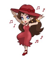  1girl adjusting_clothes adjusting_headwear blue_eyes bracelet brown_hair earrings eyeshadow hat high_heels highres jewelry long_hair looking_at_viewer makeup muis0802 musical_note pauline_(nintendo) purple_eyeshadow red_hat red_shoes shoes simple_background solo super_mario_bros. white_background 