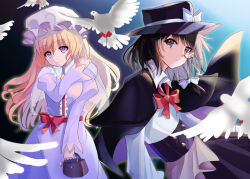  2girls adapted_costume bird black_capelet black_hat black_skirt bow bowtie brown_eyes brown_hair capelet closed_mouth collared_shirt commentary_request dated_commentary dress frills hair_bow hat hat_bow holding kevn long_hair maribel_hearn mob_cap monocle multiple_girls open_mouth pigeon purple_dress red_bow red_bowtie red_sash sash shirt shirt_tucked_in skirt smile touhou usami_renko white_bow white_capelet white_hat white_shirt 