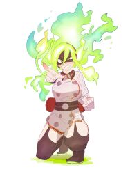  1girl black_mask black_shoes black_thighhighs boku_no_hero_academia breasts burnin_(boku_no_hero_academia) domino_mask dress eye_mask eyebrows_visible_through_mask fiery_hair fingernails fire g6sny5 green_fire green_hair grin hair_between_eyes headphones highres large_breasts long_fingernails long_hair looking_at_viewer mask pointing pointing_at_viewer shoes smile solo thigh-highs thighs white_background white_dress yellow_eyes 