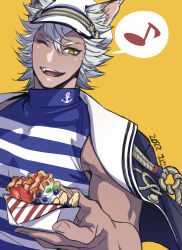  1boy animal_ears blue_jacket commentary_request cropped_jacket dark-skinned_male dark_skin ears_through_headwear fangs food hat highres holding holding_food jack_howl jack_howl_(port_wear) jacket jacket_on_shoulders kiosque looking_at_viewer male_focus musical_note one_eye_closed sailor sailor_hat shirt short_hair simple_background sleeveless sleeveless_shirt solo spoken_musical_note twisted_wonderland upper_body white_hair wolf_boy wolf_ears yellow_background yellow_eyes 