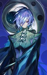  1girl absurdres bibisuka black_cloak blue_hair boots cloak closed_mouth commentary_request crescent crescent_earrings earrings hair_over_one_eye highres jewelry long_hair looking_at_viewer promeia_(zenless_zone_zero) solo thigh_boots very_long_hair violet_eyes zenless_zone_zero 