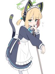  1girl absurdres animal_ear_headphones animal_ears apron black_dress blonde_hair blue_archive cat_ear_headphones cat_ears dress fake_animal_ears frilled_apron frills fukunao green_eyes green_halo halo headphones highres long_sleeves looking_at_viewer maid maid_apron maid_headdress midori_(blue_archive) midori_(maid)_(blue_archive) short_hair simple_background solo tail tongue tongue_out virtual_pet_(toy) white_apron white_background white_headdress 