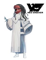  1girl arm_at_side black_hair black_sclera blue_skin bright_pupils coat colored_sclera colored_skin commentary eidenjyou1997 emblem english_commentary fingernails full_body highres kamen_rider kuchi_yuurei long_hair long_sleeves looking_at_viewer monster_girl multicolored_skin neo_kamen_rider open_hands pantyhose red_eyes red_skin see-through_clothes sharp_fingernails shocker_(kamen_rider) simple_background sleeves_past_wrists solo standing third_eye white_background white_coat white_pantyhose 