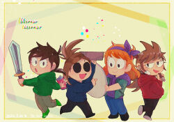  4girls :d :o antenna_hair bandage_on_cheek black_pants black_shoes blue_hoodie blue_pants blush border bow_hairband box brown_hair brown_pants can chibi chibi_only cigar cola commentary dated drawstring drink drink_can eddsworld ell_(eddsworld) english_text episode_title eyebrow_piercing face_piercing fewer_digits flipped_hair full_body green_hoodie green_jacket green_shoes hair_behind_ear hair_bobbles hair_ears hair_ornament hairband highres holding holding_box holding_can holding_cigar holding_drink holding_mirror holding_sword holding_weapon hollow_eyes hood hood_down hoodie jacket jitome long_hair long_sleeves looking_at_viewer low_ponytail matilda_(eddsworld) mirror multiple_girls open_clothes open_jacket open_mouth orange_hair pants piercing pointing ponytail purple_hairband purple_hoodie red_hoodie sahikoro_(yuzucucm) shoes short_hair smile soda_can standing standing_on_one_leg sword tamara_(eddsworld) toon_(style) topknot tori_(eddsworld) weapon 