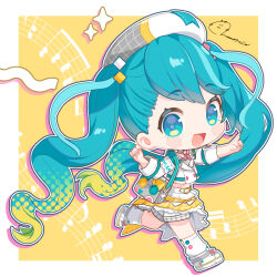  1girl :d aqua_eyes aqua_hair aqua_nails bag beret blonde_hair blush_stickers chibi chibi_only commentary_request cropped_jacket full_body gradient_hair hat hatsune_miku jacket layered_skirt long_hair looking_at_viewer loose_socks magical_mirai_(vocaloid) magical_mirai_miku magical_mirai_miku_(2024) miniskirt momone_cco multicolored_hair musical_note_background nail_polish open_mouth pointing raised_eyebrows running shorts shorts_under_skirt shoulder_bag skirt smile socks solo three-quarter_sleeves twintails very_long_hair white_hat white_jacket white_shorts yellow_background yellow_skirt 