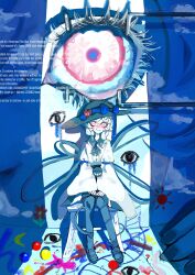  absurdres alternate_color closed_mouth commentary_request commission disembodied_linked_eye english_commentary english_text hands_on_own_legs hat hat_ribbon highres komeiji_koishi looking_at_viewer mashi_(umashiodare) medium_hair mixed-language_commentary pantyhose pink_eyes ribbon shirt shoes sitting skeb_commission skirt smile touhou white_hair white_shirt wide_sleeves 