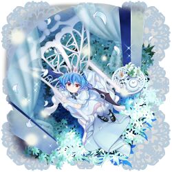  1girl aged_down alternate_costume bat_wings black_bow black_bowtie black_shoes blue_hair bow bowtie child cup curtains dress falling_petals flower flower_request game_asset gloves highres looking_at_viewer mary_janes official_art on_throne pantyhose petals puffy_short_sleeves puffy_sleeves red_eyes remilia_scarlet remilia_scarlet_(tiny_devil_mistress) rotte_(1109) shoes short_sleeves sitting solo sparkle table tea teacup teapot third-party_source throne tiara touhou touhou_lostword transparent_background white_dress white_flower white_gloves white_pantyhose white_petals wings 