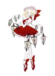  1girl :o adapted_costume commentary crystal_wings dress elbow_gloves expressionless flandre_scarlet full_body glasses gloves hat hat_ribbon highres looking_at_viewer medium_hair mob_cap one_eye_closed pantyhose red_dress red_eyes red_shoes ribbon round_eyewear shoes side_ponytail solo touhou white_background white_gloves white_pantyhose wings zenritsu 