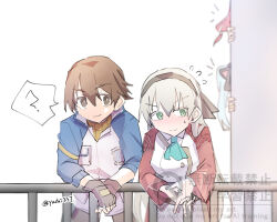  2boys 2girls ? against_railing ao_no_kiseki black_hairband black_ribbon blue_hair blue_neckerchief brown_eyes brown_gloves eiyuu_densetsu elie_macdowell fingerless_gloves flying_sweatdrops gloves green_eyes hair_ribbon hairband hand_on_railing hiding interlocked_fingers jacket leaning_forward lloyd_bannings long_hair long_sleeves multicolored_jacket multiple_boys multiple_girls neckerchief notice_lines peeking peeking_out railing randolph_orlando red_hair ribbon short_hair simple_background speech_bubble sweatdrop thought_bubble tio_plato twitter_username two-tone_jacket upper_body watermark white_background white_hair yachi337 zero_no_kiseki 