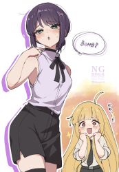 2girls black_choker black_necktie black_ribbon black_shorts blonde_hair blunt_bangs breasts bunching_hair chainsaw_man cho_kaguya-hime! choker commentary_request cosplay denji_(chainsaw_man) denji_(chainsaw_man)_(cosplay) green_eyes grey_shirt highres kaguya_(cho_kaguya-hime!) long_hair looking_at_viewer mole mole_under_eye multiple_girls neck_ribbon necktie nenuenu open_mouth parted_lips purple_hair reze_(chainsaw_man) reze_(chainsaw_man)_(cosplay) ribbon sakayori_iroha shirt shorts simple_background sleeveless sleeveless_shirt sleeves_rolled_up small_breasts sparkle speech_bubble sweat translation_request twitter_username watermark 