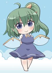  1girl ahoge arms_behind_back barefoot blue_dress blush breasts chibi chibi_only closed_mouth collared_shirt commentary_request daiyousei dot_nose dress fairy_wings full_body green_hair hair_ribbon highres long_hair looking_at_viewer neck_ribbon pinafore_dress ribbon rokugou_daisuke shirt short_sleeves side_ponytail signature sleeveless sleeveless_dress smile solo standing touhou white_shirt wings yellow_ribbon 