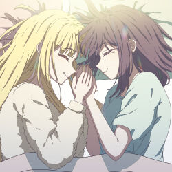  2girls absurdres ahoge black_hair blonde_hair blue_shirt cho_kaguya-hime! commentary highres holding_hands kaguya_(cho_kaguya-hime!) long_hair long_sleeves lying medium_hair mole mole_under_eye multiple_girls pajamas sakayori_iroha shirt short_sleeves smile thereaakari yuri 