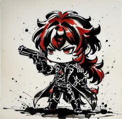 1boy ah_san diluc_(genshin_impact) genshin_impact long_hair pistol serious