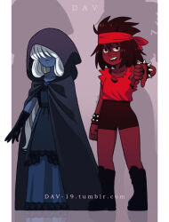  2girls adapted_costume alien alternate_costume alternate_hairstyle blue_skin cloak colored_skin dark-skinned_female dark_skin dav-19 dress fang full_body gem gem_(steven_universe) gothic_lolita hair_over_eyes headband hood hooded_cloak lips lolita_fashion long_hair multiple_girls open_mouth ruby_(steven_universe) sapphire_(steven_universe) short_hair shorts smile steven_universe thumbs_down 