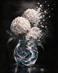  absurdres boat bygsen commentary english_commentary flower highres hydrangea in_container original rowboat vase water watercraft waves white_flower 