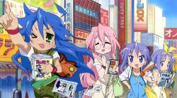  4girls absurdres ahoge alternate_costume arm_up artbook backpack bag belt blue_dress blue_hair blue_sky book bracelet breasts brown_bag building buttons casual city clear_sky comedic_sweatdrop comp_h's cowboy_shot crowd day dress foreshortening glasses green_bag green_eyes green_shorts green_vest hair_between_eyes hand_on_own_hip highres hiiragi_kagami hiiragi_tsukasa holding holding_book izumi_konata jewelry long_hair lucky_star magazine_(object) messenger_bag mole mole_under_eye multiple_girls official_art one_eye_closed outdoors pink_hair pointing purple_hair raised_eyebrow reading round_eyewear running scan short_sleeves shorts shoulder_bag sky sleeveless sleeveless_dress small_breasts standing star_(symbol) sweatdrop takao_noriko takara_miyuki textless_version third-party_source three-quarter_sleeves urban v-shaped_eyebrows vest violet_eyes wristband yellow_bag yellow_dress yellow_trim 