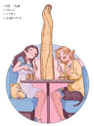  2girls :d absurdres animal black_hair blonde_hair blue_skirt bukimi_isan cat collarbone commentary_request copyright_request dress food fork highres holding holding_fork holding_knife knife long_hair multiple_girls open_mouth original pancake pancake_stack pleated_skirt puffy_short_sleeves puffy_sleeves shoes short_hair short_sleeves skirt smile sweat table teeth too_much_food translation_request white_dress 
