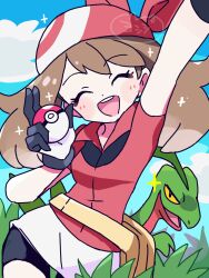  1girl :d arm_up bandana bike_shorts bike_shorts_under_shorts black_gloves blue_sky brown_hair closed_eyes collared_shirt colored_sclera commentary_request fanny_pack gloves grovyle highres looking_at_viewer may_(pokemon) open_mouth outdoors pokemon pokemon_(creature) pokemon_ruby/sapphire/emerald red_bandana red_shirt shirt shorts shorts_under_shorts simple_background sky smile standing upper_body white_shorts yellow_sclera yoshishi_(yosisitoho) 