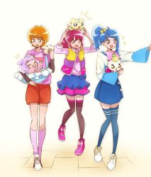 +++ 4girls aino_megumi baby_carrier black_shirt black_thighhighs blue_eyes blue_hair blue_shirt blue_skirt blue_thighhighs bow bread brown_eyes brown_hair casual child colored_skin commentary creature creature_on_head cut_bangs ellee-chan food futari_wa_precure hair_bow happinesscharge_precure! highres hirogaru_sky!_precure holding holding_creature holding_food in-franchise_crossover jacket layered_skirt layered_sleeves long_sleeves looking_at_another medium_hair mepple miniskirt misumi_nagisa multicolored_jacket multicolored_skin multiple_girls notice_lines open_clothes open_jacket open_mouth pink_eyes pink_hair pink_jacket pink_shirt pink_shoes pink_skirt pleated_skirt ponytail precure purple_socks red_shorts ribbon_(precure) shirt shoes short_hair short_over_long_sleeves short_sleeves shorts side_ponytail single_sidelock skirt sleeveless sleeveless_jacket smile sneakers socks sora_harewataru sparkle standing standing_on_one_leg t-shirt thigh-highs two-tone_shirt two-tone_skin white_background white_shirt white_shoes yellow_bow yellow_shoes yuu13 