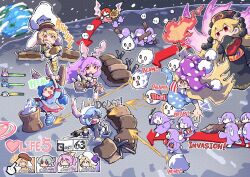  6+girls :3 :q american_flag_dress american_flag_legwear animal_ears arrow_(symbol) berusuke_(beru_no_su) black_dress black_hat black_jacket blonde_hair bloomers blue_dress blue_hair blush brown_hat chibi chibi_only chinese_clothes clownpiece crescent_print cursor dalachi_(headdress) dress earclip earth_(planet) english_text fairy fairy_wings fake_screenshot fighting floppy_ears flower food gameplay_mechanics grin gun hair_between_eyes hat health_bar helmet holding holding_flower holding_gun holding_mallet holding_torch holding_weapon jacket jester_cap junko_(touhou) kedama_(touhou) kine long_hair long_sleeves lunatic_gun mallet mochi mochitsuki mortar_(bowl) multiple_girls on_moon open_mouth orange_shirt pink_hair pink_skirt planet polka_dot polka_dot_headwear power_item_(touhou) purple_hat rabbit_ears rabbit_girl red_eyes red_tabard reisen_(touhou_bougetsushou) reisen_udongein_inaba rifle ringo_(touhou) sandbag seiran_(touhou) shaded_face shirt shorts skirt smile star_(symbol) star_print striped_clothes striped_dress striped_shorts sunflower sunflower_fairy_(touhou) tabard tongue tongue_out torch touhou user_interface very_long_hair weapon white_bloomers white_skirt wide_sleeves wings yellow_flower yellow_shorts 