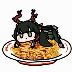 1girl animated_gif arknights arknights:_endfield food horns long_hair pasta real_life_insert seseren spaghetti zhuang_fangyi_(arknights)