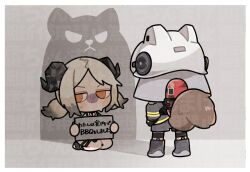  2girls adversarial_noise arknights black_shoes blonde_hair border chibi commentary demon_horns firefighter_helmet firefighter_jacket frown highres himitsu_kessha_chonmage holding holding_sign horns ifrit_(arknights) jacket multiple_girls nervous_sweating orange_eyes pet_shaming shadow shaw_(arknights) shoes short_hair short_twintails sign squirrel_tail sweat tail translation_request twintails untranslatable_commentary white_border 