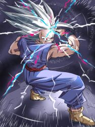  1boy dragon_ball dragon_ball_super dragon_ball_super_super_hero fu_sonkun full_body gohan_beast grey_hair highres long_hair makankousappou male_focus muscular muscular_male pants powering_up purple_pants purple_shirt red_eyes red_sash sash shirt solo son_gohan spiky_hair standing 