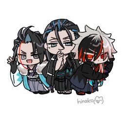  3boys aqua_haori aqua_sash artist_name black_hair black_hakama black_kimono blue_hair chibi chibi_only curtained_hair fate/grand_order fate_(series) fur_shawl grey_hakama hadanugi_dousa hair_slicked_back hakama haori haori_on_shoulders heterochromia hijikata_toshizou_(teal_haori_and_hakama)_(fate) hinako68 japanese_clothes kimono kondou_isami_(fate) kondou_isami_(first_ascension)_(fate) kondou_isami_(second_ascension)_(fate) kondou_isami_(white_kotetsu)_(fate) long_hair mask multicolored_hair multiple_boys multiple_persona red_hair rope_belt sandals sash shawl simple_background single_hair_streak streaked_hair torn_clothes torn_hakama unworn_mask white_background white_hair 