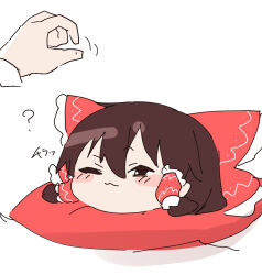  1girl 1other :3 ? blush bow brown_eyes brown_hair commentary_request cushion disembodied_hand frilled_bow frilled_hair_tubes frills hair_bow hair_tubes hakurei_reimu long_hair one_eye_closed psuke red_bow smile touhou translation_request yukkuri_shiteitte_ne zabuton 
