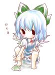  bare_legs bloomers blue_dress blue_hair blush bow chibi cirno dress frog hair_bow kuromame_(8gou) outstretched_hand solo squatting touhou translated upskirt wings 