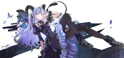  1girl absurdres arknights bang_dream! bang_dream!_it's_mygo!!!!! black_dress black_ribbon black_shoes black_thighhighs black_wrist_cuffs blue_hair chinese_commentary closed_mouth commentary_request dress hair_ribbon highres horns long_hair ribbon shoes simple_background solo tail thigh-highs togawa_sakiko togawa_sakiko_(master_of_melodia) two_side_up white_background wrist_cuffs xiao_sa_(hayatekkk) yellow_eyes 