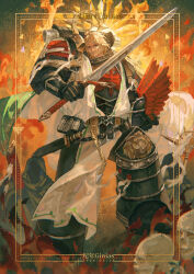  1boy armor armored_boots black_armor blonde_hair boots breastplate commentary fire gauntlets ginias helmet highres holding holding_sword holding_weapon iron_halo knife lion_el'jonson power_armor primarch short_hair shoulder_armor skull sword warhammer_40k weapon winged_helmet 