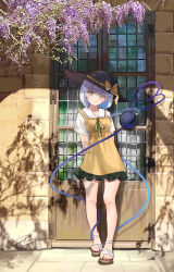  1girl absurdres adapted_costume arms_behind_back bilingual_commentary black_hat blush bow closed_mouth commentary day dress english_commentary eyeball eyes_visible_through_hair frilled_dress frills full_body green_eyes green_ribbon grey_hair hat hat_bow heart heart_of_string highres komeiji_koishi looking_at_viewer medium_hair mixed-language_commentary outdoors penguin_sensei_(artist) photo_background ribbon sailor_collar sandals shadow shirt short_sleeves smile solo split_mouth standing sun_hat swept_bangs third_eye toes touhou white_sailor_collar white_sandals white_shirt yellow_bow yellow_dress 