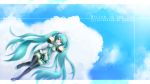  aqua_eyes aqua_hair clouds detached_sleeves from_above hatsune_miku lying necktie open_mouth pleated_skirt sky thigh_highs twintails vocaloid zettai_ryouiki 