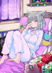  1boy 1girl absurdres animal_ears barefoot bell box breasts cat_ears cat_girl christmas closed_mouth commentary_request crying curtains eyelashes gift gift_box highres holding holding_box indoors jingle_bell large_breasts merry_christmas mythra_(xenoblade) nia_(xenoblade) on_bed pajamas pyra_(xenoblade) rex_(xenoblade) shirt sitting sofusan1526 streaming_tears tears white_shirt xenoblade_chronicles_(series) xenoblade_chronicles_2 