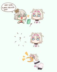  2girls :3 animal_ears animalization aqua_eyes aqua_hair ascot blonde_hair blue_eyes cecilia_immergreen cecilia_immergreen_(1st_costume) cellphone collar commentary dog_ears doll_joints english_commentary english_text fang grey_hair hairband highres hololive hololive_english joints laughing medium_hair mococo_abyssgard mococo_abyssgard_(casual) multiple_girls open_mouth phone pink_hair sappysque smartphone smile two_side_up upper_body virtual_youtuber winding_key 