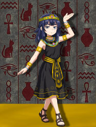  1girl absurdres ancient_egyptian ancient_egyptian_clothes ankh armlet black_dress blue_eyes blue_hair bracelet brown_sandals clothing_request dress expressionless gold_armlet headdress hexagram hieroglyphics highres jewelry looking_at_viewer original sairun sandals solo star_of_david symbol_request tagme wrist_cuffs 